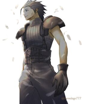 1boy armor black_gloves black_hair black_pants blue_eyes closed_mouth cowboy_shot crisis_core:_final_fantasy_vii cross_scar falling_feathers feathers final_fantasy final_fantasy_vii gloves ha_lu77 hashtag-only_commentary highres male_focus pants ribbed_sweater scar short_hair shoulder_armor simple_background sleeveless sleeveless_turtleneck smile solo spiked_hair suspenders sweater turtleneck turtleneck_sweater twitter_username white_background white_feathers zack_fair