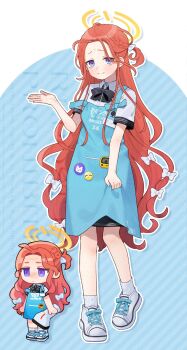 Rule 34 | 13 (spice!!), 1girl, alternate costume, angel's 24 uniform (blue archive), ankle socks, apron, apron grab, black bow, black bowtie, blue apron, blue archive, blue eyes, blush, bow, bowtie, clothes grab, collared shirt, forehead, full body, furrowed brow, hair bow, halo, hand up, highres, long hair, looking at viewer, raised inner eyebrows, red hair, shirt, shoes, short sleeves, socks, striped bow, striped bowtie, striped clothes, very long hair, white bow, white shirt, white shoes, white socks, yellow halo, yuzu (blue archive)