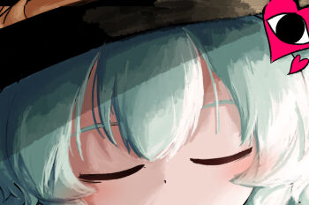 1girl black_hat blush close-up closed_eyes commentary_request facing_away facing_viewer green_hair hair_between_eyes hat hat_ribbon heart heripantomorrow komeiji_koishi medium_hair ribbon solo touhou yellow_ribbon