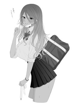 bag black_skirt bow bowtie bracelet breasts breath collared_shirt cropped_legs earbuds earphones earrings gradient_hair gyaru hair_between_eyes high-waist_skirt highres holding holding_umbrella idolmaster idolmaster_shiny_colors izumi_mei jewelry large_breasts long_hair looking_at_viewer monochrome multicolored_hair pleated_skirt school_bag school_uniform shirt shoulder_bag skirt sleeves_rolled_up smile steam sweat thighs umbrella v v63775474