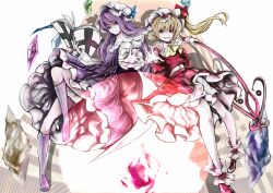 Rule 34 | 2girls, ascot, blonde hair, dress, embodiment of scarlet devil, flandre scarlet, frills, full body, hat, laevatein (touhou), mary janes, mob cap, multiple girls, patchouli knowledge, pointy ears, purple hair, red dress, red eyes, shoes, simple background, smile, socks, touhou, white background, wrist cuffs, yellow ascot, yutapon