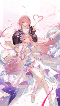 2girls absurdres aqua_hair bare_shoulders blue_eyes breasts chinese_commentary coat commentary_request cyrene_(aedes_elysiae)_(honkai:_star_rail) cyrene_(honkai:_star_rail) cyrene_(ripples_of_past_reverie)_(honkai:_star_rail) diamond-shaped_pupils diamond_(shape) dress dual_persona falling_petals heart high_heels highres honkai:_star_rail honkai_(series) jewelry lap_pillow large_breasts long_hair looking_at_viewer mangzhi_yaoyao multicolored_hair multiple_girls necklace petals pink_hair pink_petals purple_coat purple_eyes small_breasts symbol-shaped_pupils thighs two-tone_hair very_long_hair white_dress white_hair