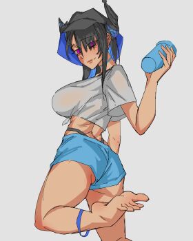 1girl absurdres ankle_strap barefoot black_hair blue_shorts breasts bucket_hat crop_top feet from_behind hashtag-only_commentary hat highleg highleg_panties highres hololive hololive_english horns large_breasts looking_at_viewer nerissa_ravencroft panties purple_eyes shorts sketch toes underwear veygudtek virtual_youtuber white_background