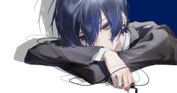 1boy black_jacket blue_eyes blue_hair cable commentary crossed_arms digital_media_player digital_walkman hair_between_eyes headphones highres holding_digital_media_player honseie jacket layered_sleeves long_sleeves looking_at_viewer male_focus persona persona_3 shirt short_hair solo symbol-only_commentary upper_body walkman_nw-s203f white_shirt yuuki_makoto_(persona_3)