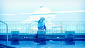 1girl absurdres bag blue_theme bob_cut braid cellphone chain-link_fence cloud commentary_request contrail covering_own_face day diving_block fence from_side full_body ghost half_up_braid hands_up highres kneehighs knees_up miniskirt monochrome no_shoes original outdoors paper phone pleated_skirt pool sailor_collar sakakidani school_bag shirt shoes short_hair short_sleeves sitting skirt sky smartphone socks solo summer_uniform unworn_shoes uwabaki