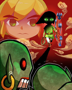 1boy 2others bald belt boots brown_boots dust earrings expressionless gameplay_mechanics glowing glowing_eyes gradient_background grappling_hook green_eyes green_hat green_tunic hat holding hoop_earrings jewelry kamiura link multiple_others nintendo no_lips open_mouth pants red_background red_eyes redead scared shadow spinning spinning_weapon teeth the_legend_of_zelda the_legend_of_zelda:_the_wind_waker toon_link trembling tunic walking white_pants zombie