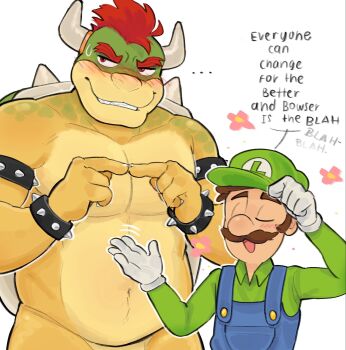 Rule 34 | ..., 2boys, armlet, bara, biceps, blush, bowser, bracelet, brown hair, character name, claws, commentary, english commentary, english text, facial hair, fangs, flower, furry, furry male, green hat, green shirt, hat, highres, horns, index fingers together, jewelry, luigi, male focus, mario (series), multiple boys, muscular, muscular male, mustache, nintendo, open mouth, red hair, shirt, smile, speech bubble, spiked armlet, spiked bracelet, spiked shell, spikes, suspenders, vuwvum, white background