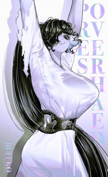 1girl absurdres arms_up belt black_belt black_hair breasts commentary dress english_commentary english_text exercising from_side hair_over_one_eye high_ponytail highres huge_breasts large_breasts long_hair looking_down ponytail pungson_mori see-through_clothes simple_background sleeve_rolled_up solid_circle_eyes solo the_ring tight_clothes upper_body very_long_hair weightlifting white_dress wide_sleeves yamamura_sadako