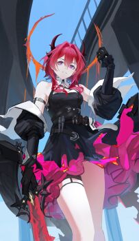 Rule 34 | 1girl, absurdres, arknights, arknights: endfield, bare shoulders, black dress, black gloves, black horns, breasts, colored petticoat, commentary, demon girl, demon horns, detached sleeves, dress, forgeborn scathe (arknights), gloves, hair between eyes, hair intakes, highres, holding, holding sword, holding weapon, horns, laevatain (arknights), long hair, petticoat, purple eyes, red hair, sideless dress, small breasts, solo, surtr (arknights), sword, weapon, wolf zzzzz
