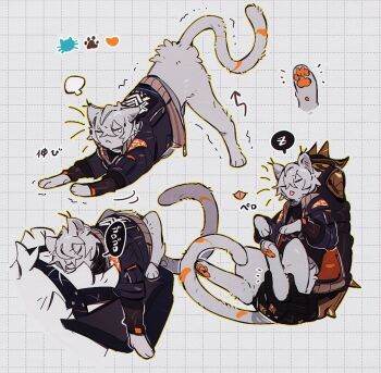 Rule 34 | 2boys, :<, :p, animal, animal with hair, animalization, arrow (symbol), black gloves, black shirt, blue jacket, cat, closed eyes, closed mouth, crossed bangs, gloves, grey cat, grey hair, grid background, hair between eyes, holding, holding animal, holding cat, jacket, layered sleeves, lighter (zenless zone zero), long sleeves, male focus, marusan159, multiple boys, multiple views, notice lines, open clothes, open jacket, pawpads, shirt, short hair, short over long sleeves, short sleeves, sleeping, spikes, stretching, tongue, tongue out, trembling, von lycaon, white background, wise (zenless zone zero), zenless zone zero