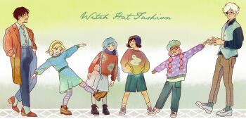 Rule 34 | 2boys, 4girls, agott (tongari boushi no atelier), black hair, blonde hair, blue hair, braid, brushbuddy, coco (tongari boushi no atelier), commentary, contemporary, denim, english commentary, facial hair, glasses, hat, heart, heart-shaped eyewear, high heels, jeans, leidoodles, multiple boys, multiple girls, olruggio (tongari boushi no atelier), pants, qifrey (tongari boushi no atelier), richeh (tongari boushi no atelier), shoes, skirt, smile, tetia (tongari boushi no atelier), tongari boushi no atelier, twin braids, white hair