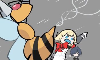1boy 1girl aigis_(persona) android animated antennae artist_name beedrill beedrill_string_shot_(meme) blonde_hair blue_eyes blue_hair bow bowtie bug colored_skin crossover fish_in_mouth flying full_body gen_1_pokemon hair_over_one_eye insect_wings jacket large_bow looking_at_another looping_animation meme nintendo persona persona_3 pointing pokemon pokemon_(creature) pokemon_move pokemon_stadium rain red_bow red_bowtie red_eyes school_uniform short_hair string_shot_(pokemon) tagme video wasp whitydragon wind wings yellow_skin yuuki_makoto_(persona_3)