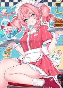 1girl alternate_costume apron aqua_eyes aqua_hair breasts burger character_name chimera_(honkai:_star_rail) commentary_request drill_hair food highres holding holding_plate honkai:_star_rail honkai_(series) hyacine_(honkai:_star_rail) licking_lips little_ica_(honkai:_star_rail) looking_at_viewer maid_headdress medium_breasts medium_hair multicolored_hair parfait pegasus pink_hair pink_shirt pink_skirt plate roller_skates shirt skates skirt smile thighs tiizumaru98 tongue tongue_out twin_drills twintails two-tone_hair waitress white_apron
