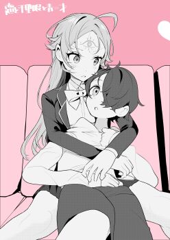 Rule 34 | 1boy, 1girl, absurdres, ahoge, blazer, bow, bowtie, character request, chihaya senri, commentary request, facial mark, forehead mark, greyscale with colored background, hair over one eye, highres, hug, jacket, koi to senrigan to aonisai, long hair, ouchi kaeru, pink background, school uniform, shorts, sitting, skirt, translation request