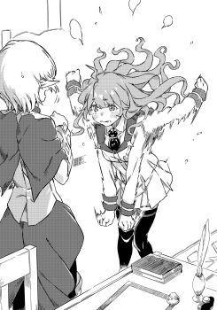 2girls 3: blush book breasts capelet dithering dungeon_ni_deai_wo_motomeru_no_wa_machigatteiru_darou_ka elf greyscale haimura_kiyotaka highres jacket lefiya_viridis long_hair looking_at_viewer monochrome multiple_girls natalinoe_cladfield necktie novel_illustration official_art pointy_ears quill short_hair small_breasts sweatdrop swinging_arms sword_oratoria teardrop thighhighs third-party_source