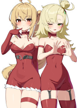 2girls absurdres bare_shoulders blonde_hair blush breasts cleavage commentary dress gloves green_eyes heart heart_hands highres long_hair looking_at_viewer luciana_de_montefio medium_breasts multiple_girls open_mouth orange_eyes piper_wheel red_dress small_breasts smile symbol-only_commentary thighhighs w.k zenless_zone_zero