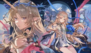 2girls absurdres bare_shoulders black_collar black_dress blonde_hair blue_eyes blue_flower cartethyia_(wuthering_waves) closed_mouth collar commentary crown_of_thorns dress dual_persona earrings english_commentary fleurdelys_(wuthering_waves) flower highres holding holding_flower horns jewelry logo long_hair long_horns looking_at_viewer multiple_girls necklace official_art parted_bangs pointy_ears sidelocks single_horn tabard tacet_mark_(wuthering_waves) white_tabard wuthering_waves yellow_horns zerotabi1210