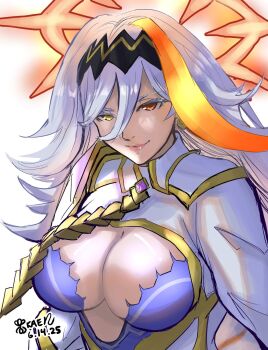 Rule 34 | 1girl, baldr (fire emblem heroes), breasts, cleavage, dated, fire emblem, fire emblem heroes, halo, heterochromia, highres, kaen (yoltablaze), large breasts, long hair, nintendo, orange eyes, orange hair, orange streaks, single hair streak, solo, white hair, yellow eyes