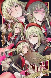 1girl ;) absurdres arrow_(symbol) ascot bang_dream! bang_dream!_it&#039;s_mygo!!!!! beret black_border black_capelet black_skirt black_wrist_cuffs border buttons capelet chinese_commentary closed_mouth colored_shadow commentary_request drop_shadow earrings electric_guitar expressionless floating_hair frilled_capelet frills gold_trim green_brooch green_hair guitar guitar_strap hand_up hat hero45439083942 highres holding holding_guitar holding_instrument holding_plectrum instrument jewelry long_hair long_sleeves looking_ahead looking_at_viewer mirror mortis_(bang_dream!) mortis_(costume)_(bang_dream!) multiple_views music no_mask one_eye_closed playing_instrument plectrum red_background red_capelet red_hat see-through_clothes see-through_sleeves shadow shirt skirt smile sparkle wakaba_mutsumi white_ascot white_shirt white_sleeve_cuffs wrist_cuffs yellow_eyes