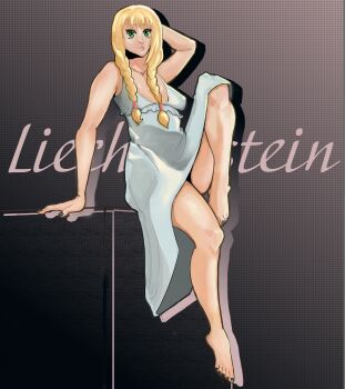 absurdres axis_powers_hetalia blonde_hair braid breasts highres liechtenstein_(hetalia) lingerie long_hair long_legs nail_polish negligee neplochoy nightgown small_breasts thighs toenail_polish toenails twin_braids underwear