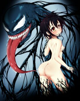1girl ass black_hair blush breasts brown_eyes commentary english_commentary ether_core female_focus from_behind highres klyntar loli long_tongue looking_at_viewer looking_back marvel nipples nude open_mouth peni_parker saliva saliva_trail sharp_teeth shiny_skin short_hair small_breasts solo spider-man:_into_the_spider-verse spider-man_(series) spider-verse standing sweat symbiote teeth tongue venom_(marvel)