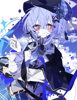 1girl black_capelet black_hat blue_background blue_hair blue_skirt blunt_bangs braid braided_hair_rings capelet character_name closed_mouth collared_shirt deerstalker hair_between_eyes hair_rings hand_up hashtag-only_commentary hat highres index_finger_raised lemonail long_sleeves looking_at_viewer mahou_shoujo_no_majo_saiban shirt short_hair skirt smile solo sparkle tachibana_sherry vest white_shirt yellow_eyes