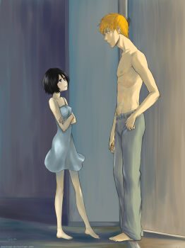 Rule 34 | 1boy, 1girl, absurdres, barefoot, black hair, bleach, blue dress, crossed arms, dress, highres, kuchiki rukia, kurosaki ichigo, legs, orange hair, pants, parted lips, purple eyes, topless male, short hair, sweatpants, wet, yuria-chu