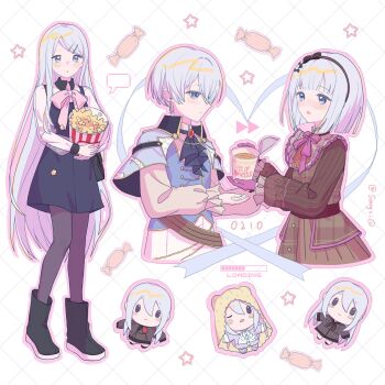 1girl :o ascot black_ascot black_dress black_pantyhose blue_capelet blue_eyes blue_hair blue_ribbon blue_vest bow bowtie brown_dress brown_headband buttons candy capelet character_doll chinese_commentary commentary_request costume_request dated doll dress earrings flower food frilled_sleeves frills gem gloves hair_flower hair_ornament headband highres holding holding_food instant_cup_noodles instant_noodles jewelry long_hair long_sleeves looking_at_another looking_at_viewer multiple_views open_mouth pants pantyhose pink_bow pink_gloves popcorn project_sekai red_gem ribbon see-through_clothes see-through_sleeves sharing_food shirt short_hair songie standing star_(symbol) swept_bangs upper_body very_long_hair vest white_pants white_shirt yoisaki_kanade