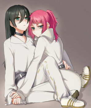 2girls aqua_eyes belt between_legs black_choker black_hair blue_lock choker commentary_request genderswap genderswap_(mtf) grey_background hand_on_another's_waist highres holding_hands incest itoshi_rin itoshi_sae long_hair mizuto35 multiple_girls pants pink_hair shirt shoes siblings sisters twintails white_pants white_shirt white_shoes yuri