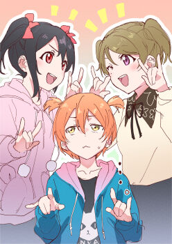 Rule 34 | ..., 3girls, \m/, absurdres, animal print, black hair, black ribbon, black shirt, blue jacket, borrowed hairstyle, brown hair, cat print, collarbone, collared shirt, commentary request, contrast collar, double \m/, highres, hood, hooded jacket, hoodie, hoshizora rin, inazuma (elect line), jacket, koizumi hanayo, love live!, love live! school idol project, multiple girls, neck ribbon, nico nico nii, notice lines, open clothes, open jacket, orange hair, pink hoodie, print shirt, purple eyes, red eyes, ribbon, shirt, short hair, sweatdrop, twintails, two side up, yazawa nico, yellow eyes
