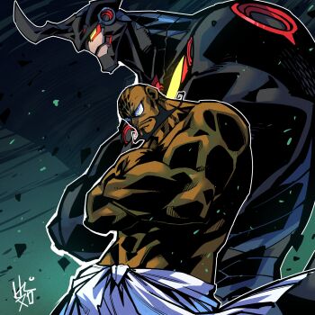 1boy absurdres bald beard biceps closed_mouth crossed_arms dark-skinned_male dark_skin facial_hair hashtag-only_commentary highres horns lazengann little_mojoi looking_ahead lordgenome male_focus mecha muscular muscular_arms muscular_male ringed_eyes robot signature single_horn super_robot tengen_toppa_gurren_lagann topless_male upper_body yellow_eyes