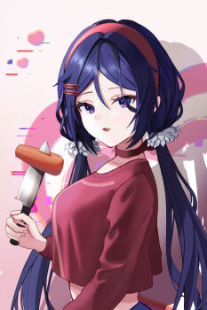 1girl breasts carrot choker commentary_request crazy_mita_(miside) crop_top cropped_sweater fang fingernails flower_hairtie from_side hair_ornament hairband hairclip heart highres holding holding_knife knife long_hair low_twintails medium_breasts midriff miside mita_(miside) open_mouth parallel_hairclips pink_nails purple_hair red_choker red_hairband red_sweater shadow sidelocks solo sweater twintails upper_body weapon yuuca