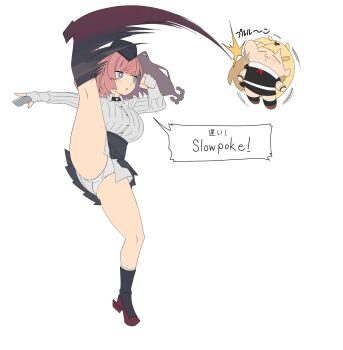 2girls :3 absurdres atlanta_(kancolle) black_hat black_skirt black_socks blonde_hair breasts clenched_hand commentary_request fingerless_gloves genocide_cutter gloves grey_eyes grey_gloves hat high-waist_skirt high_heels highres huge_breasts kantai_collection kicking kloah leg_up multiple_girls panties pantyshot parody pleated_skirt red_hair shirt_tucked_in skirt socks the_king_of_fighters translation_request underwear white_panties yuudachi_(kancolle) yuudachi_kai_ni_(kancolle)