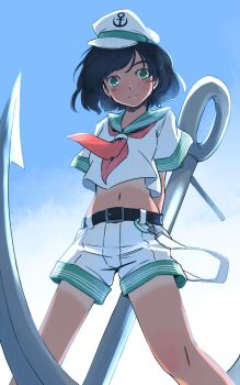 1girl anchor belt black_belt black_hair blush commentary_request feet_out_of_frame green_eyes green_sailor_collar hat knees legs_apart light_smile midriff murasa_minamitsu navel neckerchief one-hour_drawing_challenge rangycrow red_neckerchief sailor_collar sailor_hat sailor_shirt shirt short_hair short_sleeves shorts solo tan tanline touhou white_hat white_shirt white_shorts