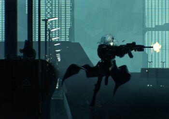1girl aiming assault_rifle casing_ejection city coat cyberpunk firing gun hair_ornament hairclip highres holding holding_gun holding_weapon marie_(peripeteia) mn90047517 muzzle_flash night peripeteia rifle running shell_casing short_hair solo_focus trench_coat weapon white_hair