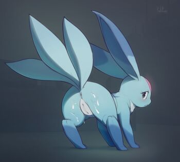 1girl :< animal_focus animal_sexualization anus artist_name ass carbuncle_(final_fantasy) cleft_of_venus clitoris closed_mouth cum cum_on_ass cum_on_body female_focus final_fantasy final_fantasy_xi from_behind full_body grey_background grey_eyes highres kekitopu looking_at_viewer looking_back multiple_tails no_humans profile pussy signature simple_background solo standing tail uncensored