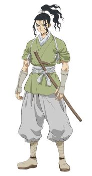 Rule 34 | 1boy, anime coloring, arm guards, armor, black hair, blue eyes, chasenmage, closed mouth, dr. stone, full body, green kimono, highres, iwasa yuuko, japanese armor, japanese clothes, kimono, kote, long hair, looking at viewer, matsukaze (dr. stone), official art, pants, shoes, simple background, solo, standing, thick eyebrows, transparent background, v-shaped eyebrows, white arm garter, white pants, white shoes