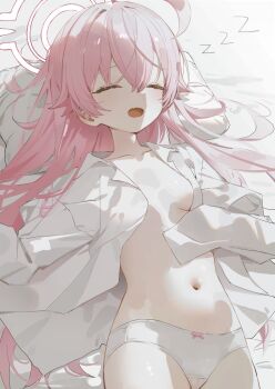 1girl ahoge bed_sheet blue_archive blush bow bow_panties breasts closed_eyes collarbone collared_shirt dot_nose fang hair_between_eyes halo head_on_pillow highres hoshino_(blue_archive) loli long_hair long_sleeves lying navel on_back on_bed on_pillow open_clothes open_mouth open_shirt panties pillow pink_hair pink_halo pink_ribbon ribbon shirt skin_fang sleeping sleeves_past_wrists small_breasts solo stomach underwear very_long_hair white_cat_(artist) white_panties white_shirt zzz