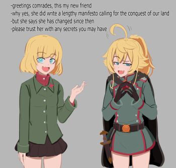 2girls ahoge belt black_belt black_cape black_gloves blonde_hair blue_eyes blush brown_skirt buttons cape collared_jacket commentary_request cowboy_shot cross crossover dagger english_text fang gem girls_und_panzer gloves green_jacket grey_background hair_between_eyes hand_up hands_up high_ponytail highres huge_ahoge jacket jewelry katyusha_(girls_und_panzer) knife kurokimoko long_hair long_sleeves looking_at_viewer mandarin_collar military military_jacket military_uniform miniskirt mixed-language_commentary multiple_girls open_mouth pendant pleated_skirt ponytail pravda_school_uniform red_gemstone red_shirt school_uniform shirt short_hair sidelocks simple_background skin_fang skirt smile standing star_ornament tanya_degurechaff turtleneck turtleneck_shirt weapon wing_collar youjo_senki