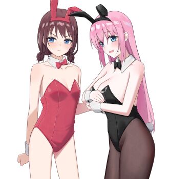 a.l_(dpdldpf) animal_ears black_bow black_bowtie black_pantyhose blue_eyes blush bocchi_the_rock! bow bowtie detached_collar girls_band_cry gotoh_hitori highres iseri_nina leotard nose_blush pantyhose playboy_bunny rabbit_ears rabbit_tail red_bow red_bowtie strapless strapless_leotard tagme tail tearing_up wrist_cuffs
