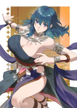 1girl alternate_costume ancient_greek_clothes armlet armpits bare_arms blue_eyes blue_hair bracelet breasts cleavage dancer dancer_(fire_emblem:_three_houses) dancing dress female_byleth_(fire_emblem) fire_emblem fire_emblem:_three_houses greco-roman_clothes highres jewelry large_breasts looking_at_viewer neck_ring necklace nintendo outstretched_arm parted_lips pelvic_curtain solo thighs ushiomi