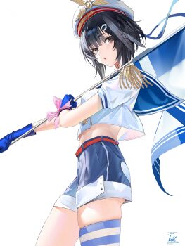 0dd 1girl absurdres arknights beret black_hair blue_gloves blue_ribbon blue_shorts bow commentary_request epaulettes feather_hair flag gloves hair_ornament hat highres holding holding_flag la_pluma_(arknights) midriff pink_bow ribbon sailor_collar school_uniform serafuku short_hair shorts simple_background solo striped_clothes striped_thighhighs thighhighs white_serafuku
