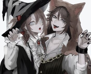 !_(rsa_yuhr) 2boys androgynous animal_ear_hood animal_ears ascot bandage_over_one_eye bandaged_neck bandages bandages_over_clothes black_nails black_vest blue_eyes bow brown_hair claw_pose collarbone cross cross_earrings drill_hair drill_ponytail earrings edgar_valden fake_animal_ears fang frilled_shirt frilled_sleeves frills gem green_eyes hair_between_eyes hair_bow halloween hat highres hood identity_v jewelry looking_up low_ponytail luca_balsa makeup male_focus multiple_boys ponytail puffy_sleeves red_bow red_gemstone runny_makeup shirt striped_clothes striped_vest tongue tongue_out trap upper_body vest white_ascot white_shirt witch_hat wolf_ears