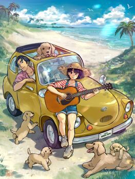 1boy 1girl acoustic_guitar artist_logo baby_animal beach black_hair blue_shorts cat cigarette cloud cloudy_sky collarbone commentary day dog grass guitar hat highres holding holding_guitar holding_instrument instrument license_plate logo looking_at_viewer nanami_tomorou original outdoors palm_tree puppy red_shirt shirt shoes shorts sky smoking sneakers straw_hat striped_clothes striped_shirt suspender_shorts suspenders symbol-only_commentary tree two-tone_shirt white_shirt