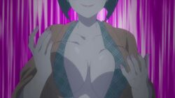 1boy 1girl animated anime_screenshot barefoot black_hair blank_eyes blue_eyes blue_hair blush bouncing_breasts breasts drunk grabbing_own_breast green_kimono groping highres japanese_clothes kasukabe_hayato kimono large_breasts megami_no_cafe_terrace no_bra ono_shiragiku open_clothes open_kimono open_mouth short_hair smile sound subtitled tagme video