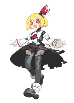 1girl absurdres ascot black_skirt black_vest blonde_hair cheri_zao full_body hair_ribbon highres joints mechanization open_mouth red_ascot red_eyes red_ribbon ribbon robot_girl robot_joints rumia short_hair simple_background skirt smile solo touhou vest white_background