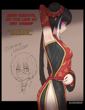 2girls arm_up armpits black_dress black_hair blush chinese_clothes closed_mouth detached_sleeves don_quixote_(project_moon) double_bun dress english_text frilled_sleeves frills glowing glowing_eyes hair_bun highres jia_xichun_(project_moon) leoderorero limbus_company long_hair looking_at_viewer multicolored_hair multiple_girls open_mouth pink_eyes project_moon red_sleeves rope_belt short_hair side_slit simple_background slit_pupils smile streaked_hair sweat twintails twitter_username white_streaks yuri