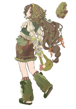 Rule 34 | 1girl, arms behind back, bag, brown skirt, color guide, commentary, english commentary, green bag, green leggings, green vest, headscarf, hidari mimi, highres, leggings, long hair, low-tied long hair, mori kei, original, sandals, shirt, simple background, skirt, solo, very long hair, vest, white background, white shirt