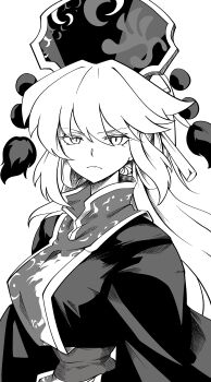 1girl absurdres belt breasts chinese_clothes closed_mouth commentary_request crescent crescent_print dalachi_(headdress) dress greyscale hair_between_eyes hair_ornament hair_stick hat highres junko_(touhou) kikoka_(mizuumi) large_breasts long_hair long_sleeves looking_at_viewer mandarin_collar monochrome phoenix_print pom_pom_(clothes) sidelocks simple_background solo tabard tassel touhou upper_body v-shaped_eyebrows wide_sleeves