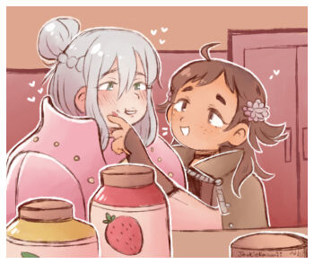 2girls ahoge brown_eyes brown_hair collared_cloak effie_(fire_emblem) fire_emblem fire_emblem_fates flower food freckles fruit green_eyes grey_hair hair_flower hair_ornament jackie_kawaii mozu_(fire_emblem) multiple_girls nintendo strawberry yuri